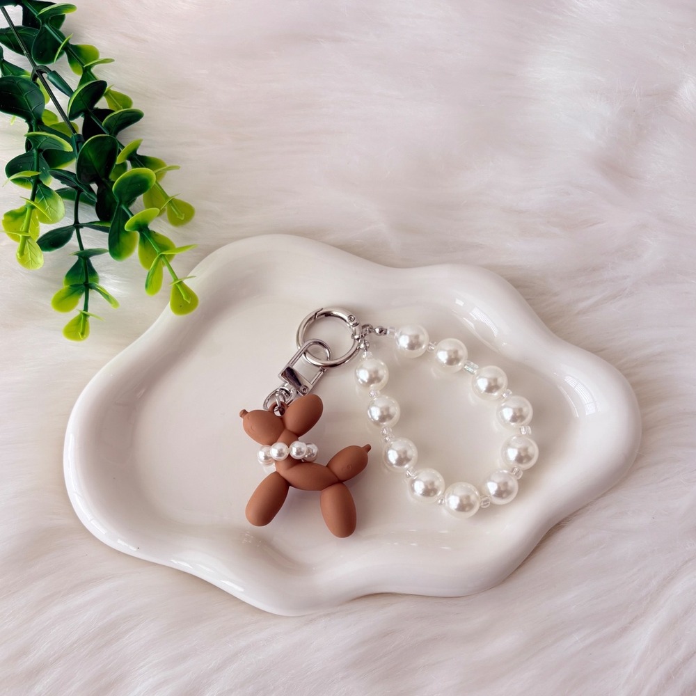 Brown‎ Balloon Dog Keychain/ Bag Charm Pearl Detail